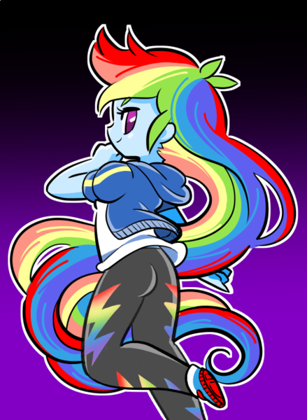 Size: 500x683 | Tagged: safe, artist:ymnsk, derpibooru import, rainbow dash, equestria girls, equestria girls series, butt, cute, dashabetes, female, gradient background, long hair, looking at you, rainbutt dash, solo