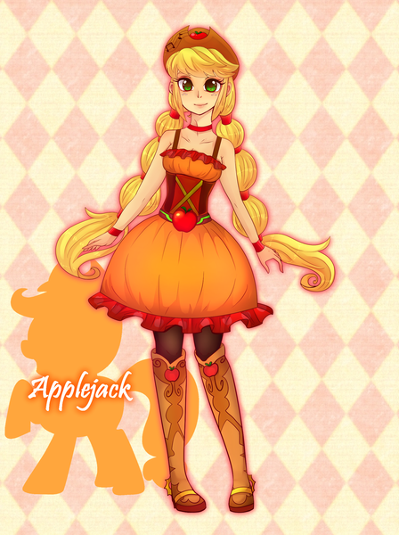 Size: 1538x2058 | Tagged: safe, artist:hosikawa, derpibooru import, applejack, human, equestria girls, friendship through the ages, rainbow rocks, braided pigtails, clothes, country applejack, cute, dress, female, freckles, human coloration, humanized, jackabetes, solo