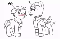 Size: 1024x676 | Tagged: safe, artist:wolftendragon, derpibooru import, ponified, android, earth pony, pegasus, pony, robot, black and white, blushing, crossover, detroit: become human, embarrassed, gavin reed, gay, grayscale, male, monochrome, nines, rk900, simple background, stallion, tsundere, video game, white background