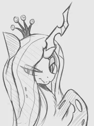 Size: 634x849 | Tagged: artist:tre, bust, changeling, changeling queen, chest fluff, crown, derpibooru import, eye clipping through hair, female, fluffy changeling, grayscale, jewelry, monochrome, portrait, queen chrysalis, regalia, safe, solo