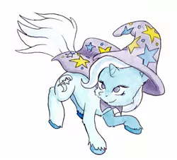 Size: 1651x1496 | Tagged: safe, artist:lost marbles, derpibooru import, trixie, pony, unicorn, action pose, cape, cheek fluff, chest fluff, clothes, ear fluff, female, fluffy, hat, hoof fluff, jumping, leg fluff, lidded eyes, mare, no pupils, raised hoof, raised leg, simple background, smiling, smirk, solo, traditional art, trixie's cape, trixie's hat, unshorn fetlocks, watercolor painting, white background