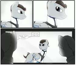 Size: 3600x3100 | Tagged: safe, artist:wolftenpr0nz, derpibooru import, ponified, pegasus, pony, robot, fanfic, clothes, comic, comic strip, crossover, detroit: become human, dialogue, fanfic art, jacket, male, nines, profile, rk900, simple background, stallion, trio, video game, vulgar, white background