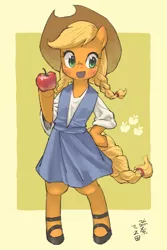 Size: 1200x1800 | Tagged: safe, artist:yanamosuda, derpibooru import, applejack, earth pony, semi-anthro, abstract background, apple, bipedal, blushing, braid, braided pigtails, braided tail, clothes, cute, cutie mark, dress, female, food, hoof hold, hoof on hip, jackabetes, mare, open mouth, shoes, solo