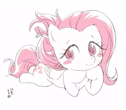 Size: 1000x872 | Tagged: safe, artist:yanamosuda, derpibooru import, fluttershy, pegasus, pony, blush sticker, blushing, cute, female, folded wings, hair accessory, hairclip, head on hoof, hoof under chin, looking at you, mare, monochrome, partial color, prone, shyabetes, simple background, solo, three quarter view, white background, wings