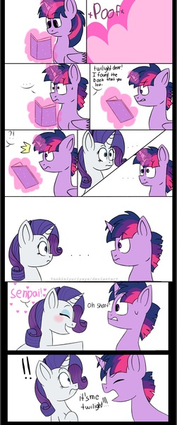 Size: 835x1996 | Tagged: safe, artist:yoshiniyuriyaya, derpibooru import, rarity, twilight sparkle, twilight sparkle (alicorn), alicorn, pony, blushing, book, comic, dialogue, dusk shine, female, female to male, half r63 shipping, lesbian, magic, magic aura, male, poof, rarilight, rarishine, rule 63, senpai, shipping, straight, transformation, transgender transformation