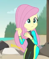 Size: 394x466 | Tagged: safe, artist:thedarkpony, derpibooru import, edit, edited screencap, screencap, fluttershy, equestria girls, equestria girls series, unsolved selfie mysteries, clothes, cropped, desperation, female, fetish, implied pissing, implied urine, implied wetting, need to pee, omorashi, onomatopoeia, pee edit, potty emergency, potty time, story included, swimsuit, urine, watersports, wetsuit