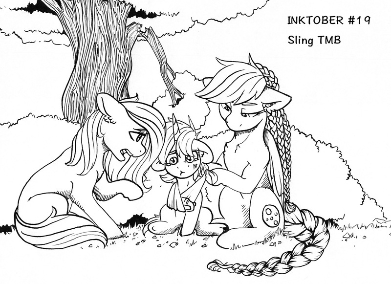 Size: 1827x1328 | Tagged: safe, artist:tillie-tmb, derpibooru import, oc, unofficial characters only, earth pony, pony, unicorn, arm sling, female, filly, inktober, inktober 2019, mare, monochrome, tree