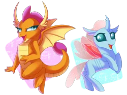 Size: 2732x2048 | Tagged: artist:sacredroses-art, changedling, changeling, derpibooru import, dragon, dragoness, duo, female, high res, ocellus, safe, simple background, smolder, transparent background