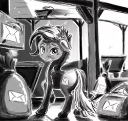 Size: 1451x1369 | Tagged: safe, artist:ponsce, derpibooru import, oc, earth pony, pony, female, mailbag, mare, monochrome, solo