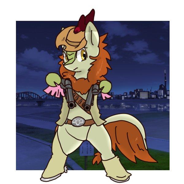 Size: 600x600 | Tagged: artist:kushina13, autumn blaze, bandolier, belt, belt buckle, bipedal, chaps, clothes, cowboy, cowboy hat, derpibooru import, female, gun, handgun, hat, hoof hold, jacket, kirin, mare, revolver, safe, solo, weapon