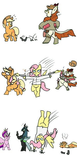 Size: 600x1200 | Tagged: safe, artist:kushina13, derpibooru import, applejack, autumn blaze, fluttershy, princess cadance, queen chrysalis, alicorn, changeling, changeling queen, earth pony, kirin, pegasus, pony, applejack's hat, badass, bandolier, belt, belt buckle, bipedal, chaps, clothes, comic, cowboy, cowboy hat, crossover, dead, death, equilibrium (film), female, flutterbadass, gun, gun kata, handgun, hat, holster, hoof hold, image, jacket, jpeg, mare, revolver, shooting, simple background, stetson, tongue out, weapon, white background, x eyes