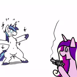 Size: 600x600 | Tagged: safe, artist:kushina13, derpibooru import, princess cadance, shining armor, alicorn, pony, unicorn, belly button, gun, handgun, hoof hold, male, revolver, simple background, stallion, weapon, white background, who needs trigger fingers