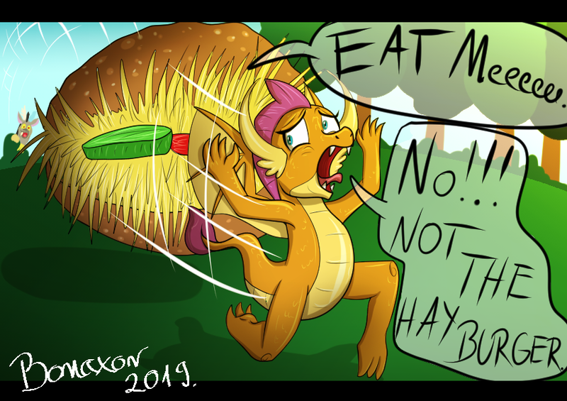 Size: 842x595 | Tagged: artist:bonaxor, burger, derpibooru import, discord, fear of a krabby patty, food, hay burger, reference, running, safe, smolder, speech bubble, spongebob squarepants