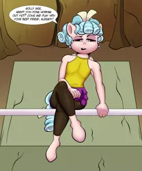 Size: 2000x2400 | Tagged: anthro, artist:riscke, barbell, clothes, cozy glow, crossed legs, derpibooru import, dialogue, frenemies (episode), leggings, miniskirt, pegasus, safe, skirt, solo, speech bubble, talking, this will end in foalcon, unguligrade anthro