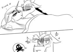 Size: 1400x1000 | Tagged: safe, artist:zouyugi, derpibooru import, discord, princess celestia, alicorn, draconequus, pony, blushing, dislestia, duo, female, kiss on the cheek, kissing, male, monochrome, shipping, sleep talking, sleeping, straight