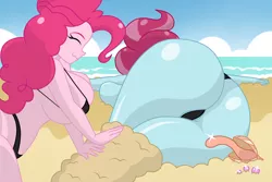 Size: 1200x800 | Tagged: suggestive, artist:mashoart, derpibooru import, cup cake, pinkie pie, equestria girls, ass, beach, beach babe, big breasts, bikini, breasts, burying, busty cup cake, busty pinkie pie, butt, cameltoe, clam, clothes, covering, eyes closed, female, huge breasts, huge butt, large butt, milf, ocean, playing, sand, sexy, stupid sexy cup cake, stupid sexy pinkie, swimsuit, the ass was fat, thick, thick cup cake