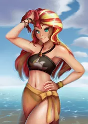 Size: 848x1200 | Tagged: safe, artist:the-park, derpibooru import, sunset shimmer, human, equestria girls, adorasexy, armpits, beach babe, beautiful, beautisexy, belly button, bikini, black bikini, black bikini bottom, black bikini top, black swimsuit, clothes, cloud, cute, cutie mark swimsuit, female, geode of empathy, human coloration, jeweled swimsuit, looking at you, magical geodes, midriff, ocean, sarong, see-through, see-through skirt, sexy, shimmerbetes, skirt, sky, smiling, smiling at you, solo, stupid sexy sunset shimmer, summer sunset, swimsuit, translucent, translucent clothes, water