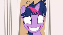 Size: 4391x2429 | Tagged: safe, artist:anonymouspotato, derpibooru import, twilight sparkle, pony, awkward, crazy face, creepy, creepy smile, faic, here's johnny, jack nicholson, movie reference, smiling, solo, the shining, twilight snapple