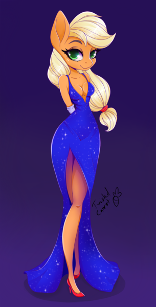 Size: 600x1180 | Tagged: suggestive, artist:twistedcarrot, derpibooru import, applejack, anthro, earth pony, plantigrade anthro, absolute cleavage, breasts, busty applejack, cleavage, clothes, dress, female, gradient background, high heels, looking at you, mare, shoes, side slit, solo, solo female