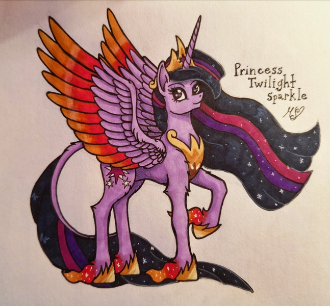 Size: 3207x2976 | Tagged: safe, artist:mesuyoru, derpibooru import, princess twilight 2.0, twilight sparkle, twilight sparkle (alicorn), alicorn, pony, the last problem, spoiler:s09, colored wings, crown, fanart, flowing mane, gradient wings, jewelry, leonine tail, older, older twilight, one hoof raised, raised hoof, regalia, simple background, solo, sparkly mane, traditional art, wings