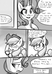 Size: 1024x1458 | Tagged: safe, artist:provolonepone, derpibooru import, applejack, rarity, earth pony, pony, unicorn, comic:a sapphic story, applejack's hat, blushing, comic, coming out, cowboy hat, hat, monochrome, speech bubble
