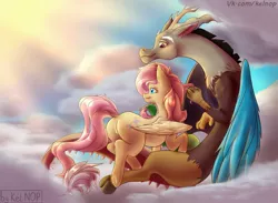 Size: 2560x1873 | Tagged: safe, artist:kelniferion, derpibooru import, discord, fluttershy, draconequus, pegasus, pony, butt, cloud, discoshy, dock, female, flutterbutt, looking away, looking back, male, mare, on a cloud, shipping, sky, smiling, straight, underhoof, wings