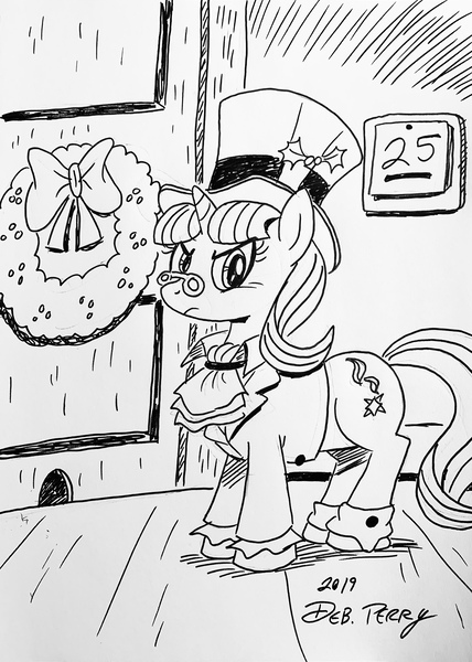 Size: 2642x3706 | Tagged: safe, artist:debmervin, derpibooru import, snowfall frost, starlight glimmer, pony, christmas wreath, monochrome, solo, traditional art, wreath