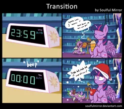 Size: 3340x2940 | Tagged: safe, alternate version, artist:soulfulmirror, derpibooru import, spike, twilight sparkle, twilight sparkle (alicorn), alicorn, dragon, pony, alarm clock, candy, christmas, clock, cup, female, food, gramophone, halloween, hat, holiday, marshmallow, music notes, onomatopoeia, pumpkin, pumpkin spice, santa hat, singing, snow, snowfall, this will end in diabetes, twilight's castle, wide eyes, winged spike