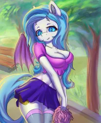 Size: 1600x1933 | Tagged: suggestive, artist:prisma6, derpibooru import, anthro, bat pony, breasts, cleavage, clothes, cute, fangs, female, kneesocks, midriff, miniskirt, skirt, socks, stockings, tail, thigh highs, thighs, wings, zettai ryouiki