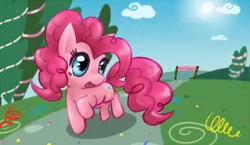 Size: 322x187 | Tagged: safe, artist:mahoxyshoujo, derpibooru import, pinkie pie, earth pony, pony, chibi, confetti, cute, diapinkes, female, lowres, mare, open mouth, solo