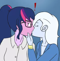 Size: 586x596 | Tagged: safe, artist:deltalima, derpibooru import, sci-twi, trixie, twilight sparkle, equestria girls, blushing, cropped, female, glasses, kissing, lesbian, sci-twixie, shipping, surprise kiss, twixie