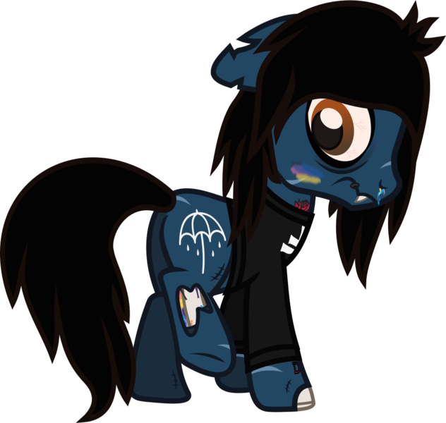 Size: 1069x1015 | Tagged: safe, artist:lightningbolt, derpibooru import, ponified, ponified:oliver sykes, pony, undead, zombie, zombie pony, .svg available, bags under eyes, blood, bone, bring me the horizon, butt, clothes, colored blushing, colored pupils, colored sclera, embarrassed, fangs, floppy ears, hair over one eye, long sleeves, looking back, male, plot, rainbow blood, raised leg, scar, shirt, shy, simple background, solo, stallion, stitches, svg, tattoo, torn ear, transparent background, underhoof, vector