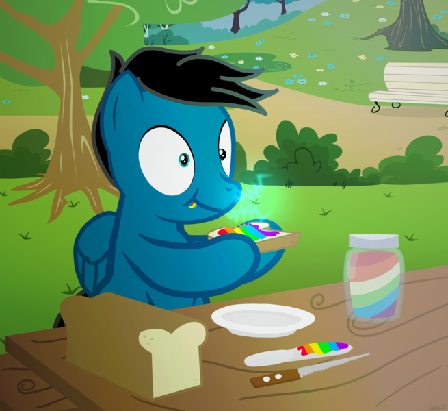 Size: 3600x3300 | Tagged: safe, artist:agkandphotomaker2000, derpibooru import, oc, oc:pony video maker, pegasus, pony, apple, bread, butter knife, food, jam, knife, park, park bench, park table, small zaps, zap apple, zap apple jam, zapped