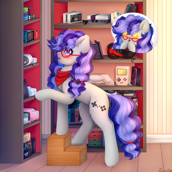 Size: 3200x3200 | Tagged: safe, artist:sweesear, derpibooru import, oc, oc:cinnabyte, unofficial characters only, earth pony, pony, adorkable, bandana, blushing, cheek fluff, collection, cute, dork, ear fluff, female, games, glasses, happy, mare, solo, speech bubble