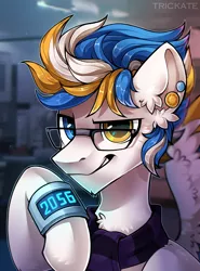 Size: 2000x2700 | Tagged: safe, artist:trickate, derpibooru import, oc, oc:alan techard, unofficial characters only, pegasus, pony, bust, clothes, ear piercing, glasses, looking at you, male, piercing, portrait, scarf, smiling, smiling at you, smirk, solo, stallion, wings