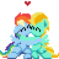 Size: 192x192 | Tagged: safe, alternate version, artist:bitassembly, derpibooru import, part of a set, lightning dust, rainbow dash, pegasus, pony, animated, commission, cute, female, gif, heart, hug, kissing, lesbian, mare, pixel art, rainbowdust, shipping, simple background, sprite, transparent background, ych result