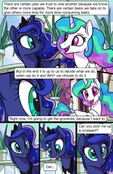 Size: 1989x3072 | Tagged: safe, artist:docwario, derpibooru import, princess celestia, princess luna, alicorn, pony, comic:royal chores, comic, dialogue, english, jewelry, regalia, speech bubble