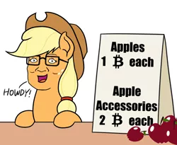 Size: 1100x900 | Tagged: safe, artist:mkogwheel, derpibooru import, edit, applejack, earth pony, pony, apple, applejack's hat, applejack's sign, apples and apple accessories, cowboy hat, cursed image, face swap, food, hank hill, hat, howdy, meme, sign, solo, wat