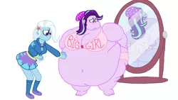 Size: 1024x576 | Tagged: suggestive, artist:jamesawilliams1996, derpibooru import, starlight glimmer, trixie, series:literally in two places at once, equestria girls, ass, bbw, belly, belly button, big belly, big breasts, bra, breasts, busty starlight glimmer, butt, clothes, double chin, fat, huge belly, huge butt, impossibly large belly, large butt, mirror, morbidly obese, obese, panties, skirt, ssbbw, starlard glimmer, story included, the ass was fat, underwear