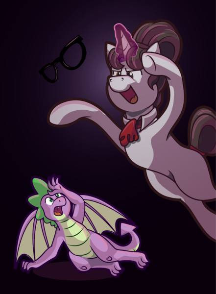 Size: 1109x1508 | Tagged: safe, artist:moonlightfan, derpibooru import, raven, spike, dragon, unicorn, adult, adult spike, ascot, dark, female, glasses, hair bun, magic, male, mare, nightmare night, older, older spike, ravenspike, secretary, shipping, straight, wings