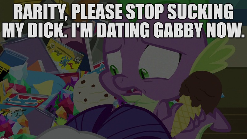 Size: 1920x1080 | Tagged: suggestive, derpibooru import, edit, edited screencap, editor:useraccount, screencap, rarity, spike, dragon, pony, unicorn, dragon dropped, caption, female, food, ice cream, image macro, implied blowjob, implied gabby, implied oral, implied sex, implied spabby, male, shipping, sparity, straight, text, uncomfortable