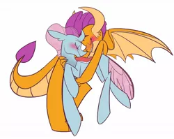 Size: 1280x1020 | Tagged: artist:cocomintkitty, blushing, cute, derpibooru import, diaocelles, eyes closed, female, hug, lesbian, ocellus, safe, shipping, simple background, smiling, smolcellus, smolder, smolderbetes, white background
