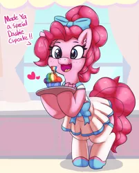 Size: 3510x4368 | Tagged: safe, artist:pabbley, derpibooru import, pinkie pie, earth pony, pony, fanfic:cupcakes, apron, bipedal, bow, clothes, cupcake, cute, diapinkes, dress, ear fluff, food, grimcute, hair bow, happy, it's a trap, pleated skirt, rainbow cupcake, run away, shoes, skirt, smiling, socks, solo, standing, stockings, thigh highs, this will end in death, this will end in tears, this will end in tears and/or death, tray, zettai ryouiki