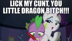 Size: 1920x1080 | Tagged: suggestive, derpibooru import, edit, edited screencap, editor:useraccount, screencap, rarity, spike, dragon, pony, dragon dropped, caption, clothes, cunt, excessive exclamation marks, faic, female, image macro, implied cunnilingus, implied oral, implied sex, male, mare, robe, shipping, sparity, straight, text, vulgar