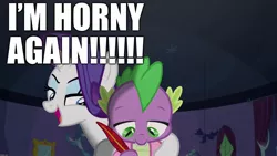 Size: 1920x1080 | Tagged: suggestive, derpibooru import, edit, edited screencap, editor:useraccount, screencap, rarity, spike, dragon, pony, unicorn, dragon dropped, bedroom eyes, caption, clothes, excessive exclamation marks, female, horny, image macro, male, mare, quill, robe, shipping, sparity, straight, text