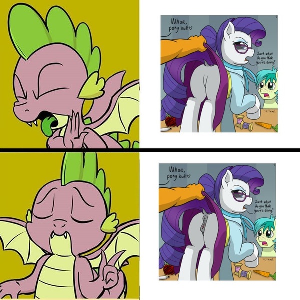 Size: 640x640 | Tagged: explicit, artist:mkogwheel, derpibooru import, edit, rarity, sandbar, smolder, spike, dragon, pony, anus, butt, female, hotline bling, male, mare, meme, nudity, plot, rearity, schoolmarm rarity, shipping, sparity, straight, vulva