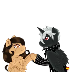 Size: 1000x1000 | Tagged: safe, derpibooru import, oc, oc:daphnes, oc:laurel, alicorn, bat, pegasus, pony, twinkle eyed pony, bowtie, clothes, costume, couple, halloween, holiday, hoof hold, looking at each other, romantic, stitches, suit, the nightmare before christmas