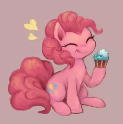 Size: 700x707 | Tagged: safe, artist:kei05, derpibooru import, pinkie pie, earth pony, pony, chest fluff, cupcake, cute, diapinkes, eyes closed, female, food, heart, licking, licking lips, mare, purple background, simple background, sitting, solo, tongue out