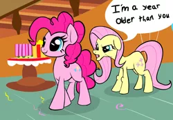 Size: 4040x2810 | Tagged: safe, artist:wenni, derpibooru import, fluttershy, pinkie pie, earth pony, pony, series:pony re-watch, griffon the brush off, cropped, dialogue, duo, elderly, female, floppy ears, frown, i'm a year older than you, mare, older, older fluttershy, open mouth, party, raised eyebrow, scene interpretation, smiling, speech bubble, sugarcube corner, text, wat, wingless