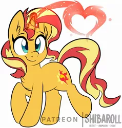 Size: 2003x2101 | Tagged: safe, artist:shibaroll, deleted from derpibooru, derpibooru import, sunset shimmer, pony, unicorn, chest fluff, cute, ear fluff, female, heart, magic, mare, palindrome get, shimmerbetes, simple background, smiling, solo, white background